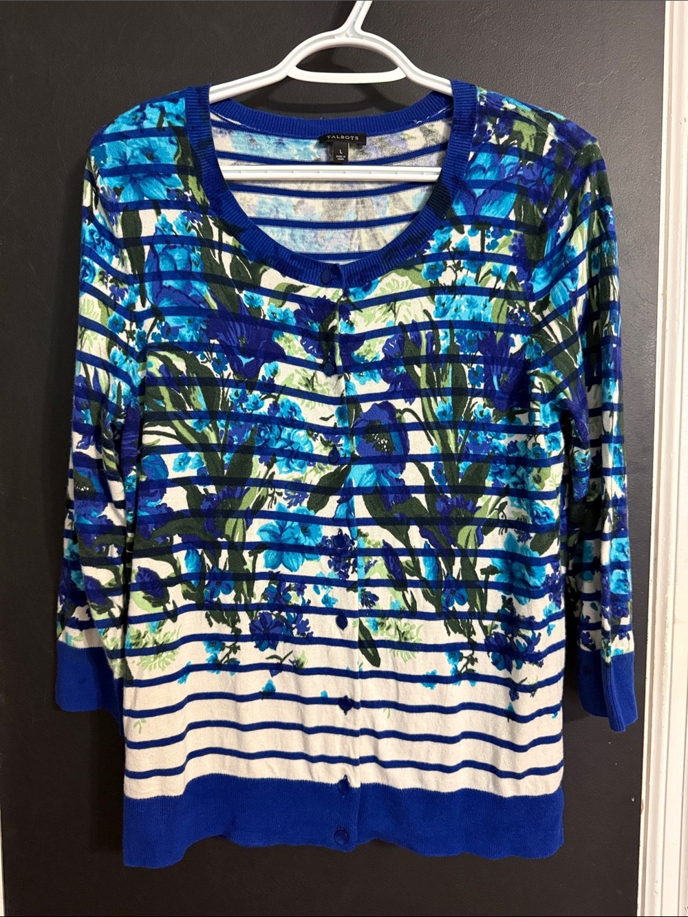 Talbots Cotton Blend Floral Striped Button Front 3/4 Sleeve Cardigan Size: L